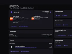 Radiocast dark-themed station dashboard for STREETZ FM showing on-air playback, scheduled playlist, stream links, listener count, song requests, and broadcasting services.