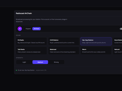 Radiocast AirChain settings screen with broadcast-processing presets, basic and advanced controls, strength options, and a save button.