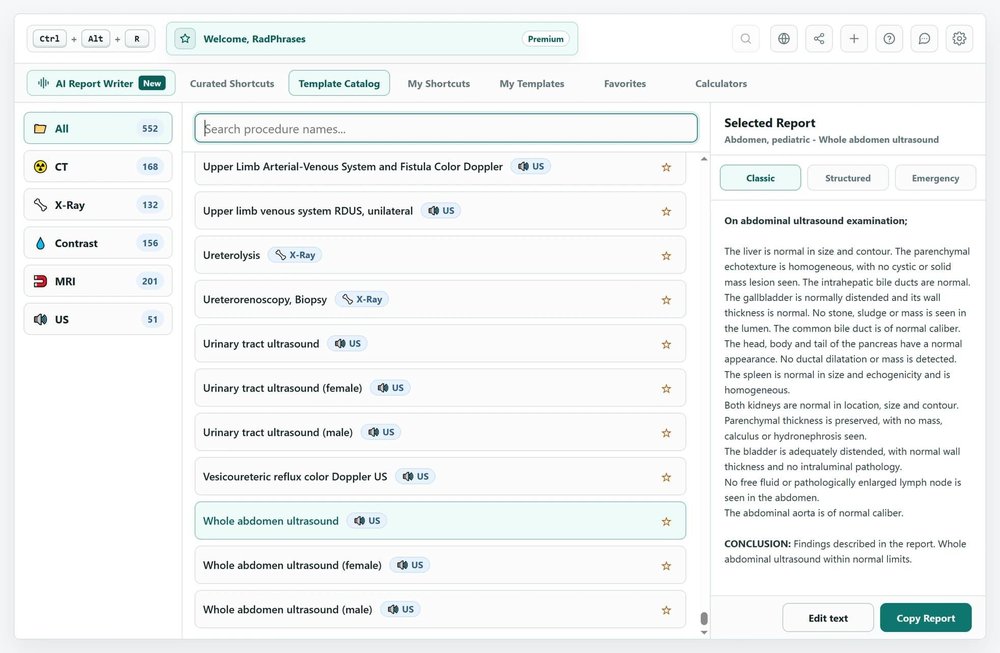 RadPhrases Template Catalog screen with modality filters, ultrasound report templates, and a selected whole-abdomen ultrasound report preview.