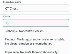 New report template form with CT modality, procedure name, editable report text, and a Save report template button.