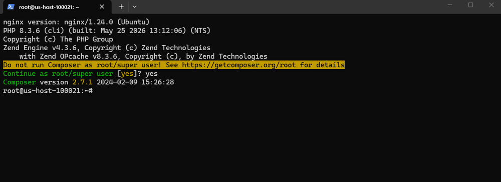 Terminal window displaying Nginx, PHP, and Composer version output, including a Composer warning about running as root.