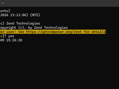Terminal window displaying Nginx, PHP, and Composer version output, including a Composer warning about running as root.
