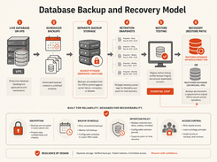 Database backup and recovery workflow diagram showing a live VPS database, scheduled backups, separate storage, retention snapshots, restore testing, and recovery paths.
