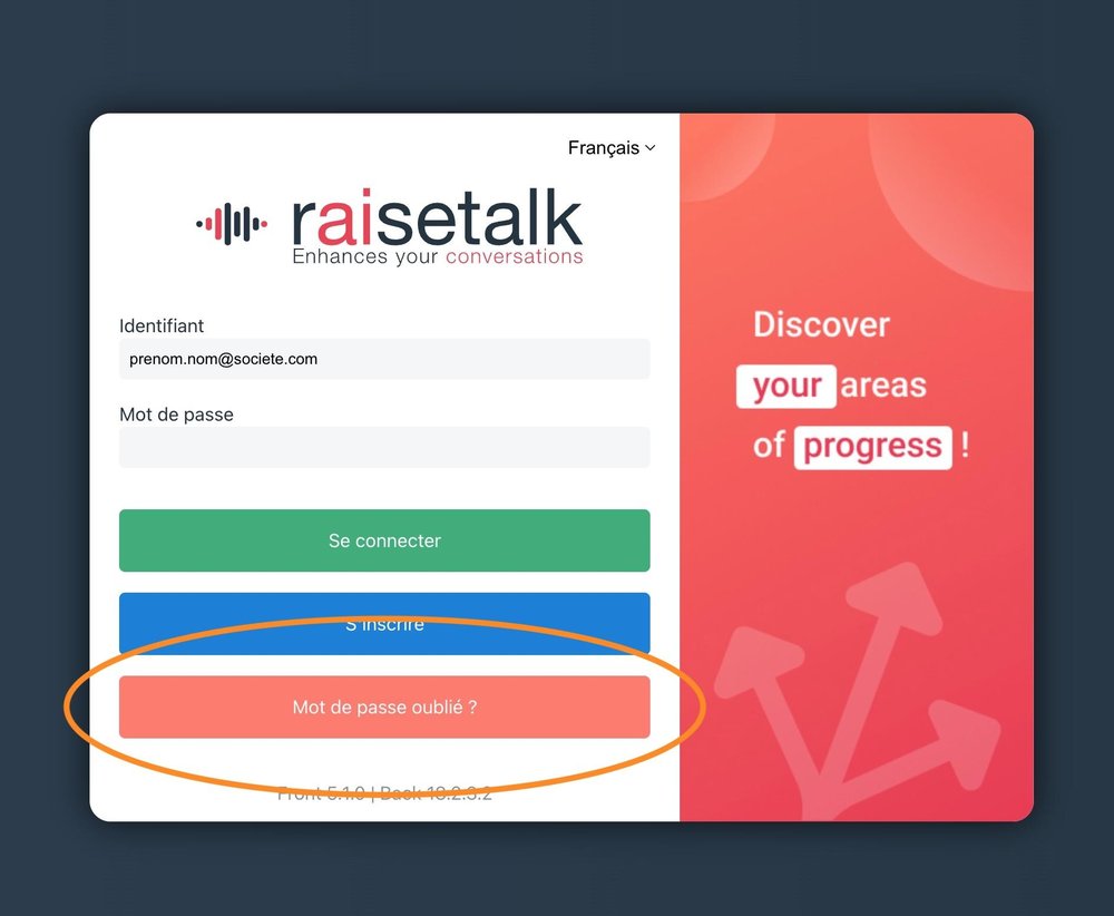 Raisetalk French login screen with email and password fields, sign-in and registration buttons, a highlighted “Mot de passe oublié ?” button, and a red promotional panel.