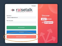Raisetalk French login screen with email and password fields, sign-in and registration buttons, a highlighted “Mot de passe oublié ?” button, and a red promotional panel.