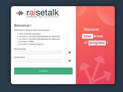 Raisetalk French welcome screen for setting and confirming a password, with password requirements, visibility icons, an Enregistrer button, and a red promotional panel.