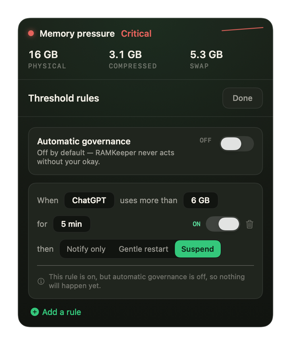 Dark-mode RAMKeeper threshold-rules screen with automatic-governance toggle and a rule for suspending ChatGPT after it exceeds 6 GB for 5 minutes.