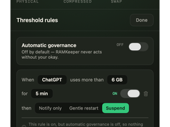 Dark-mode RAMKeeper threshold-rules screen with automatic-governance toggle and a rule for suspending ChatGPT after it exceeds 6 GB for 5 minutes.