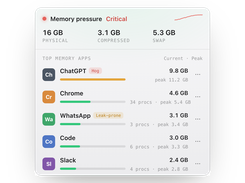 RAMKeeper memory-pressure dashboard showing physical, compressed, and swap memory plus a ranked list of memory-consuming applications.