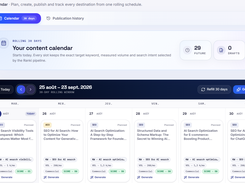 Ranki.ai dashboard showing a 30-day content calendar with scheduled AI-search and SEO article cards, publication totals, and generation controls.