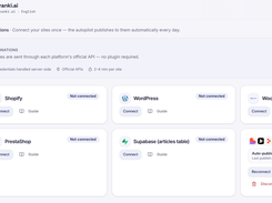Ranki.ai Destinations page showing connection cards for Shopify, WordPress, WooCommerce, PrestaShop, Supabase, and a connected custom webhook.