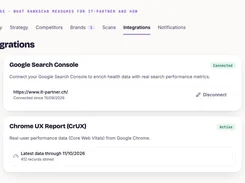 Integrations settings showing connected Google Search Console and active Chrome UX Report data.