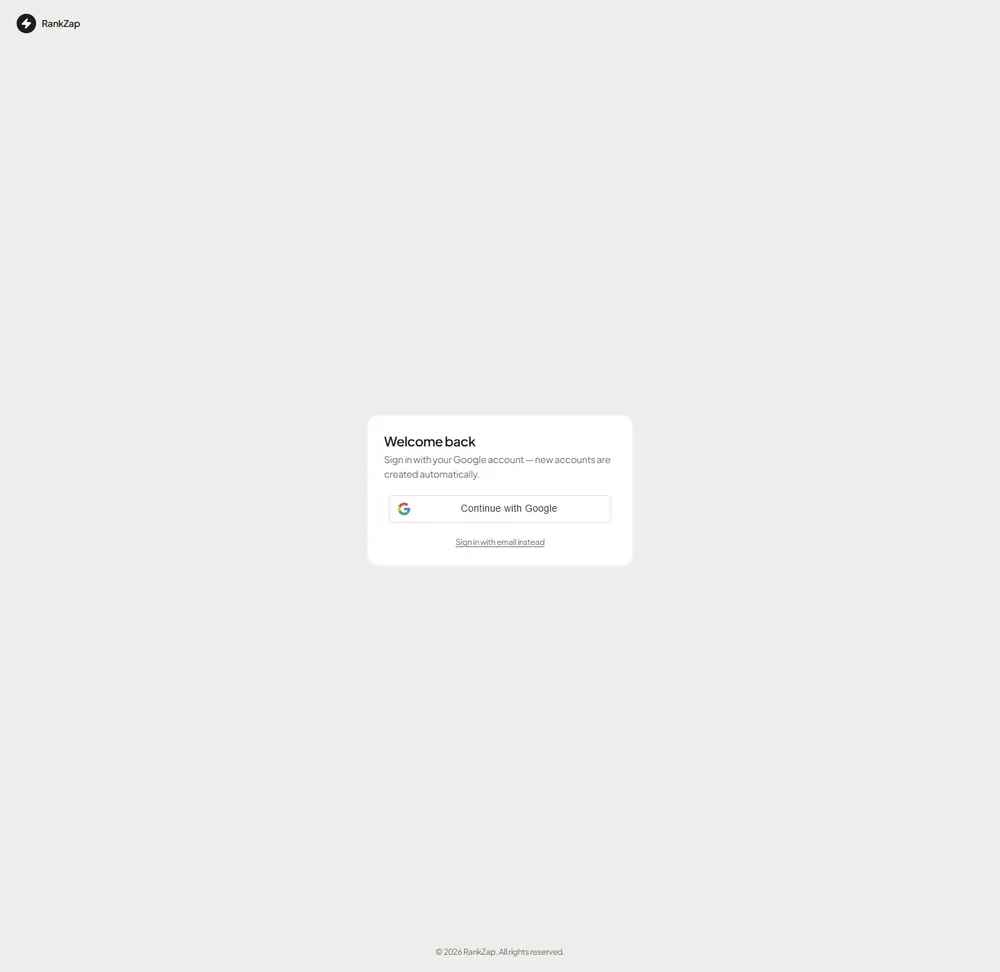 RankZap sign-in page with a welcome message, a Continue with Google button, and an email sign-in link.