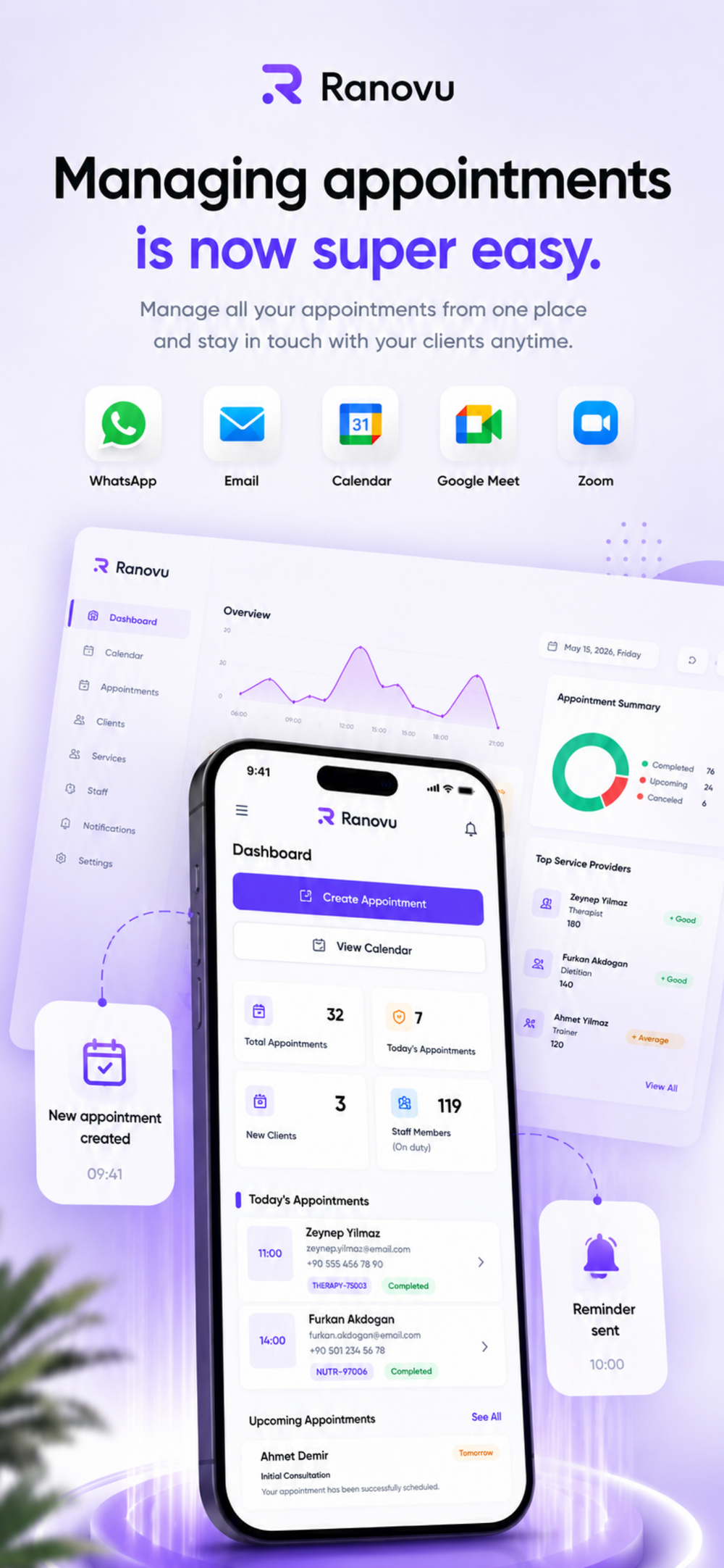 our business deserves more than a paper calendar. Manage appointments, clients, reminders and meetings from a single dashboard. Less time organizing. More time growing.