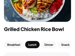 Mobile meal-review screen for a grilled chicken rice bowl with meal category choices, serving controls, calories, and a Log meal button.