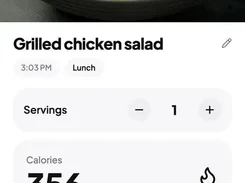 Mobile meal-details screen for grilled chicken salad showing serving controls, 356 calories, macronutrient values, and a Save changes button.