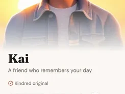 Mobile character-profile screen for Kai, showing a stylized character portrait, chat counts, description, and buttons to continue or start a chat.