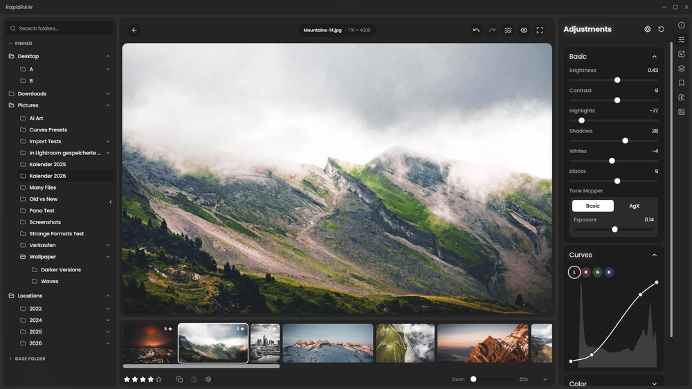 RapidRAW editor with folder browser, photo filmstrip, tonal adjustments, and curves.
