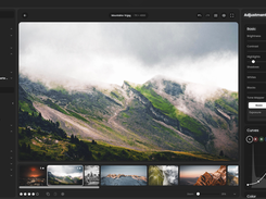 RapidRAW editor with folder browser, photo filmstrip, tonal adjustments, and curves.