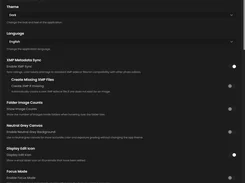 General settings for theme, language, XMP sync, image counts, and focus mode.