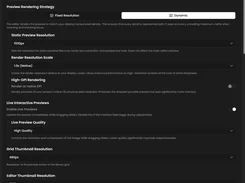 Processing settings for preview rendering, live previews, and thumbnail resolution.