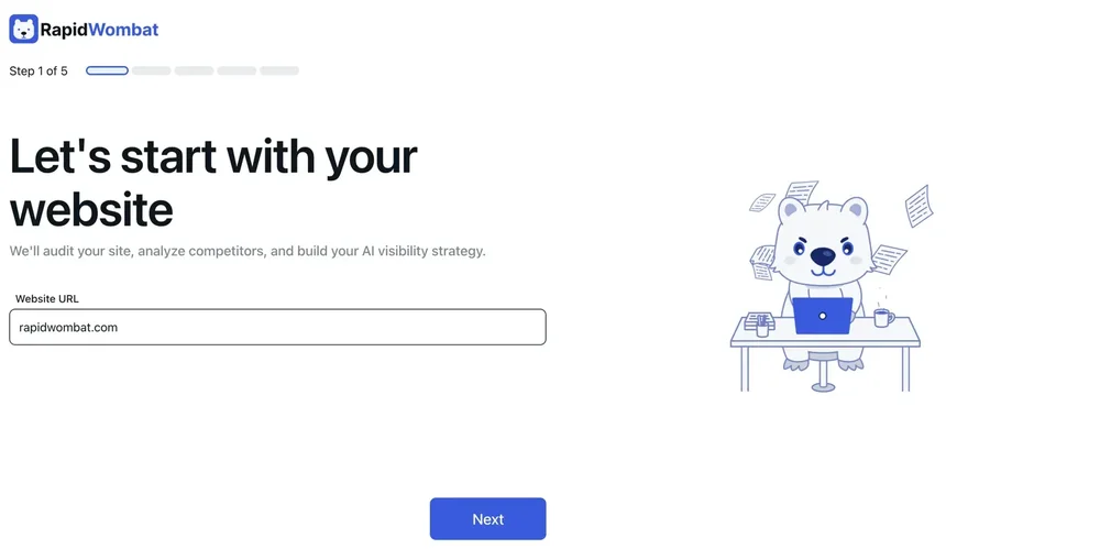 RapidWombat onboarding step 1 of 5 asking for a website URL, with a wombat illustration at a desk and a Next button.