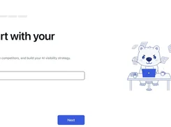 RapidWombat onboarding step 1 of 5 asking for a website URL, with a wombat illustration at a desk and a Next button.