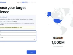 RapidWombat onboarding step 2 of 5 for selecting primary country and target language, showing the United States highlighted on a map and a potential audience total.