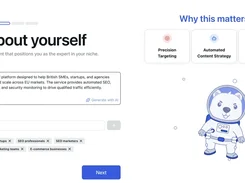 RapidWombat onboarding step 3 of 5 with a business-description field, target-audience tags, benefit cards, and an astronaut wombat illustration.
