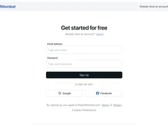 RapidWombat sign-up page with email and password fields, Google and Facebook sign-up buttons, and a Sign Up button.