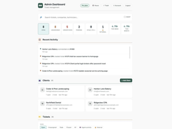 Admin dashboard: stat tiles, recent activity and client cards at a glance.