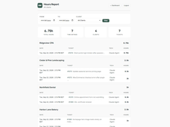 Hours report: billable time rolled up by client and ticket, filterable by date range.