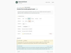 Ticket detail: status, priority and client/internal visibility controls, a   conversation thread, and billable hours logged on each comment.