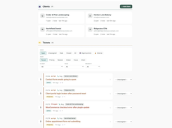Ticket queue with view and sort filters, status, priority and client badges.