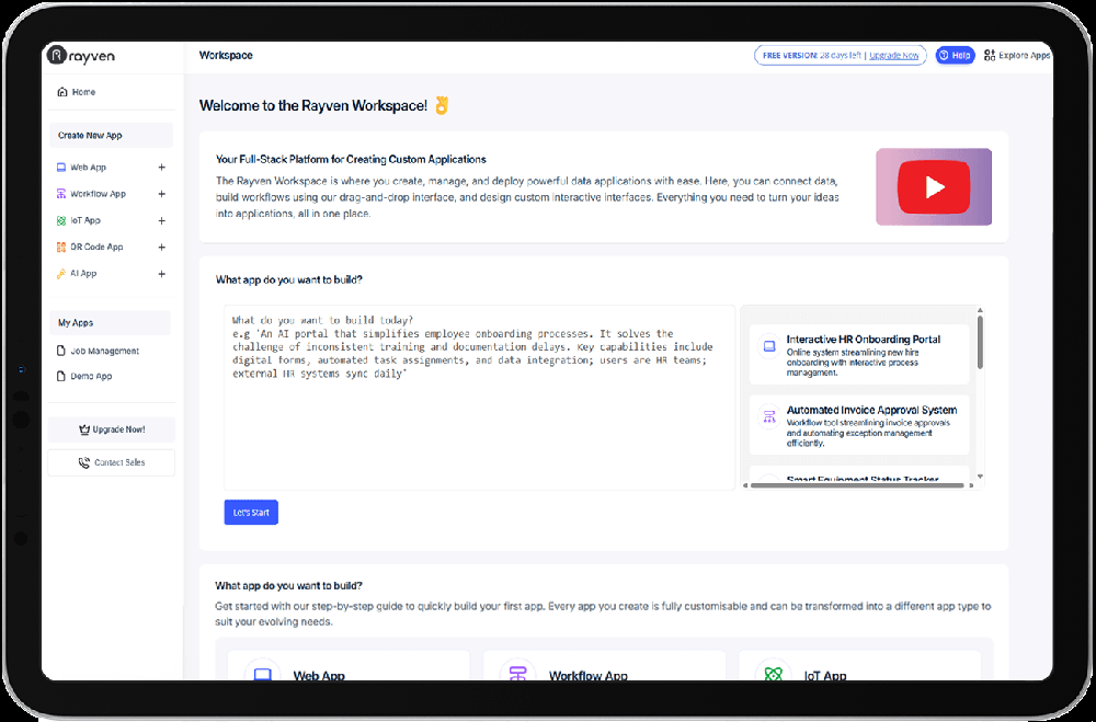 Build using prompts, drag-and-drop, templates, and/or code.