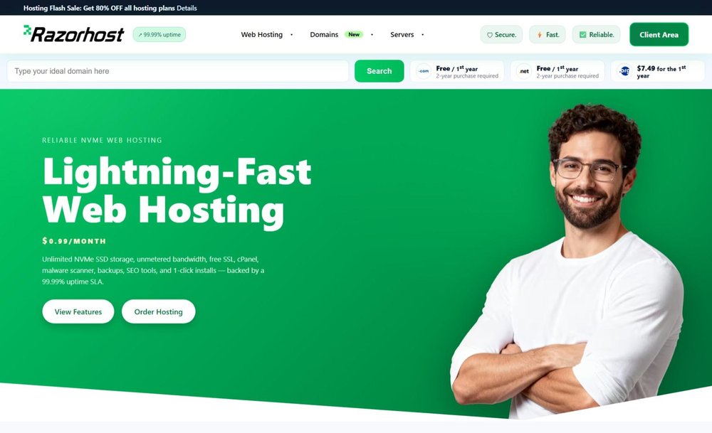 Razorhost Web Hosting dashboard offering lightning-fast NVMe SSD performance and easy site management.