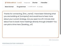 Message editor with AI writing controls, a LinkedIn outreach message template, personalization variables, and save controls.