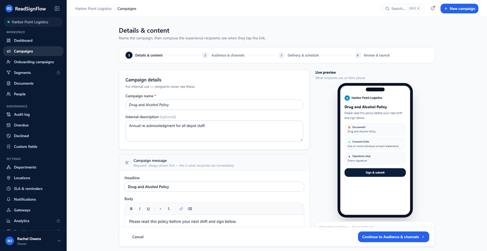 Create a campaign: the policy, the message and a live preview of what employees see