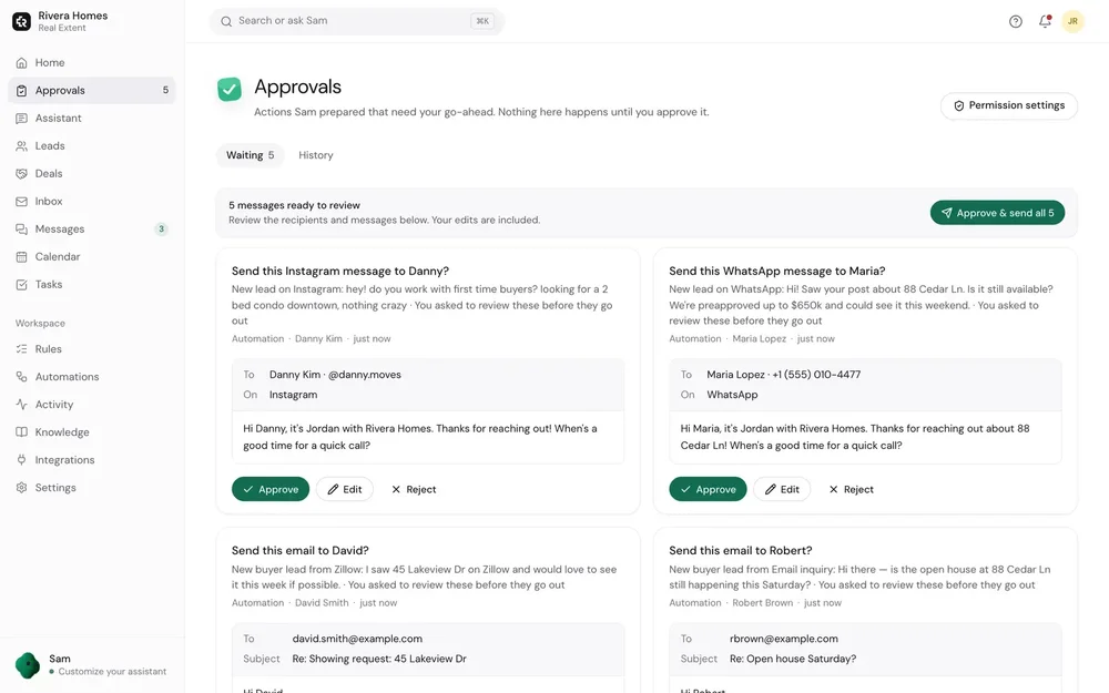Real Extent approvals page for Rivera Homes showing AI-prepared Instagram, WhatsApp, and email messages with approve, edit, and reject controls.
