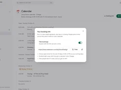 Real Extent calendar page with a modal displaying a shareable booking link, a bookings toggle, and scheduling notes.
