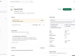 Real Extent lead detail page for David Smith showing contact details, conversation history, lead score, property interest, and follow-up actions.