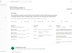 Real Extent home dashboard showing a daily briefing, follow-ups, reply requests, calendar events, approvals, and an assistant prompt.