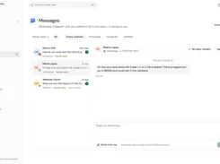 Real Extent messages page showing a unified inbox for Instagram, WhatsApp, and website conversations, with a WhatsApp reply composer.