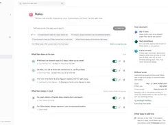 Real Extent rules page showing natural-language automation rules, enabled follow-up actions, and explanatory panels about how rules work.