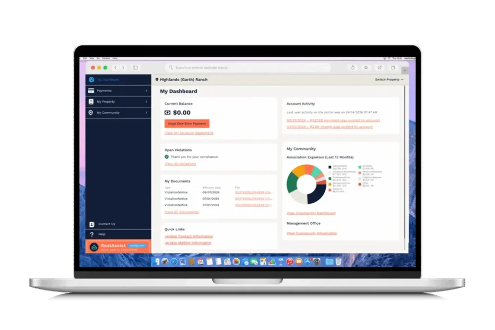 Laptop displaying a resident dashboard with a zero balance, payment link, account activity, document list, and community-expense chart.