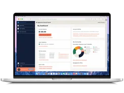 Laptop displaying a resident dashboard with a zero balance, payment link, account activity, document list, and community-expense chart.