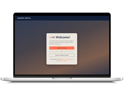 Laptop mockup showing a Vendor Portal welcome screen with invoice submission and portal-selection buttons.