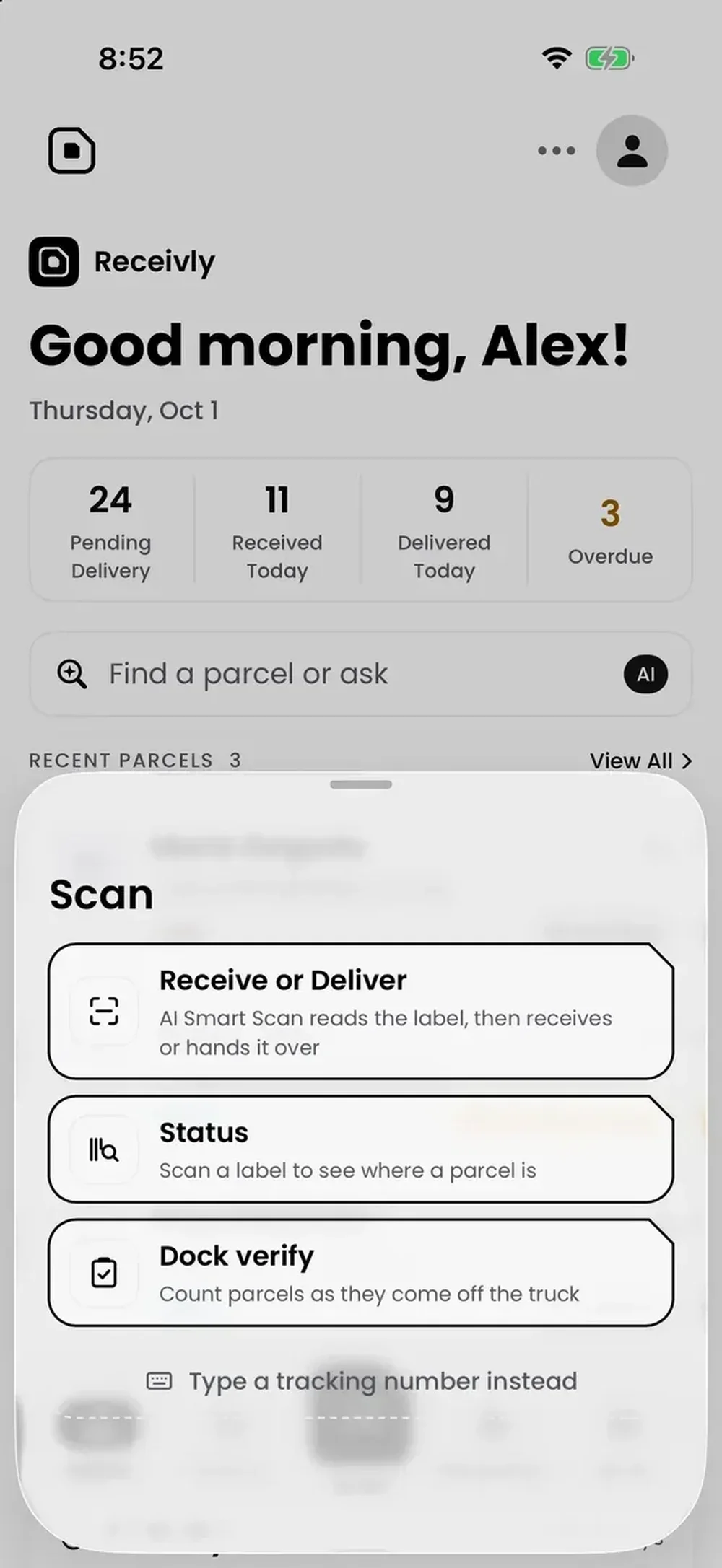 Receivly mobile dashboard with a Scan panel offering Receive or Deliver, Status, and Dock verify actions.