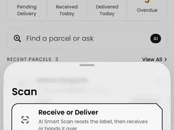 Receivly mobile dashboard with a Scan panel offering Receive or Deliver, Status, and Dock verify actions.