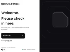 Kiosk welcome screen for Northwind Offices with check-in and sign-out controls and “Powered by Receivly” text.